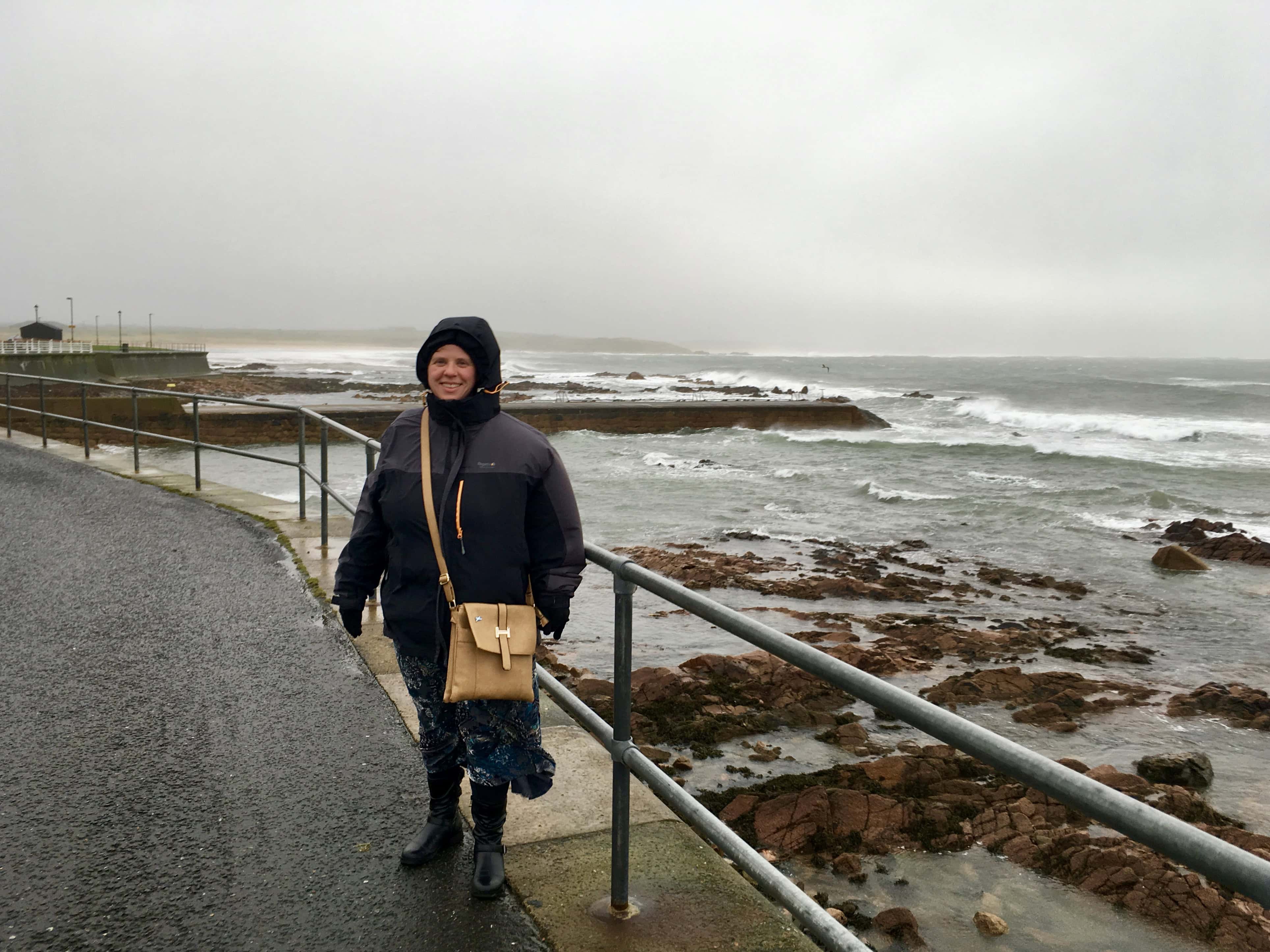 Susan at Peterhead on a windy day