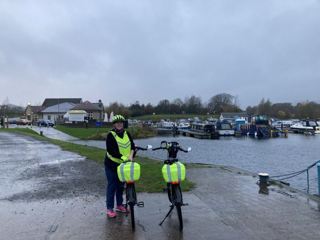 A soggy Susan & the bikes at Auchinstarry Marina