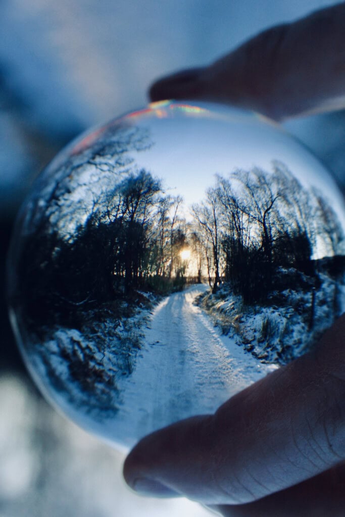 Lensball shot of snowy path