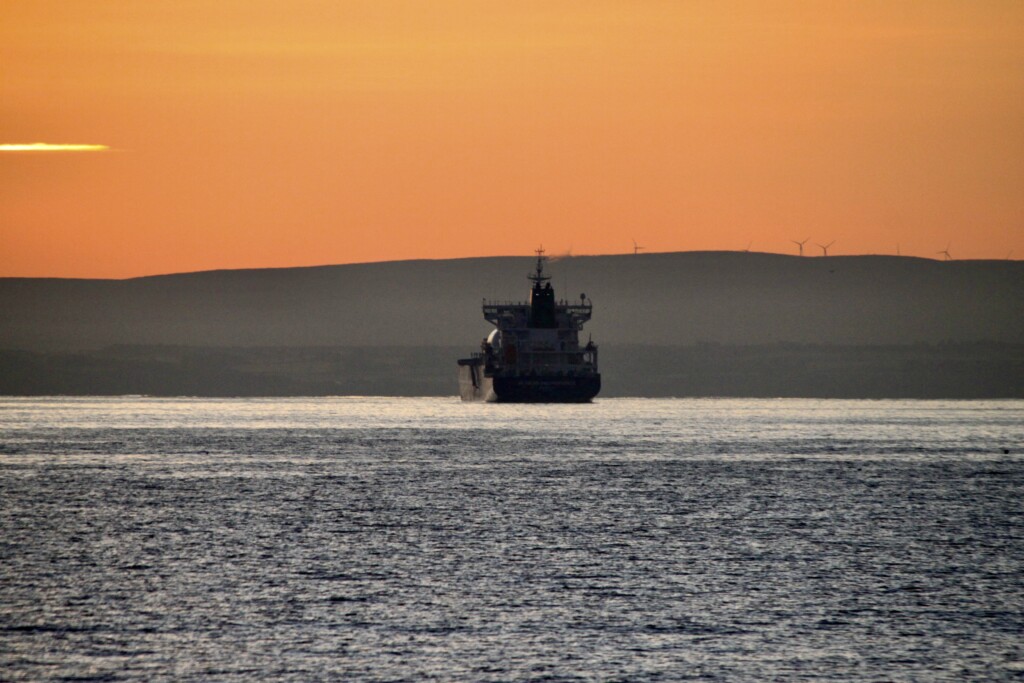 Cargo ship at anchor, Firth of Forth
