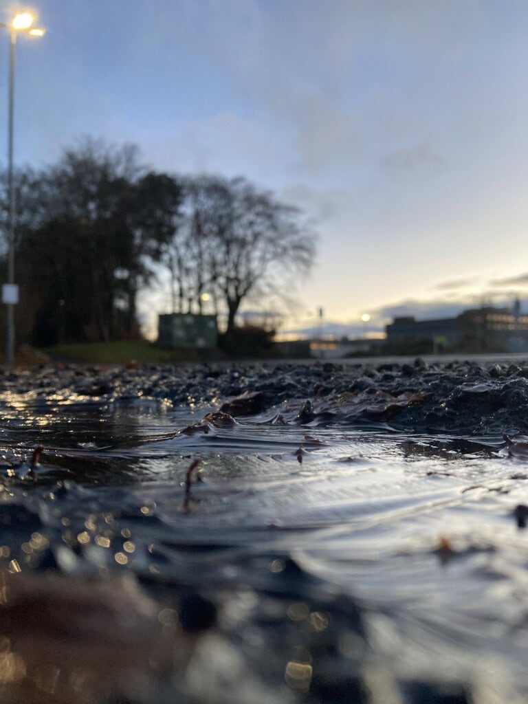 Icy puddle from ground level