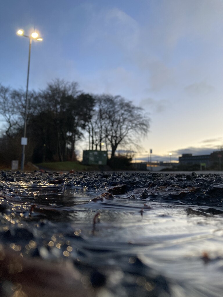 Icy puddle from ground level