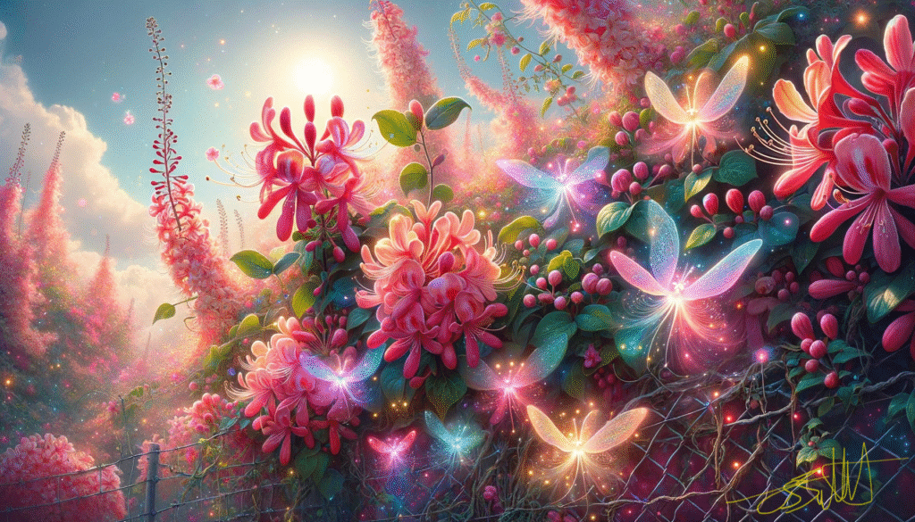 Magically enhanced honeysuckle on chainlink fence