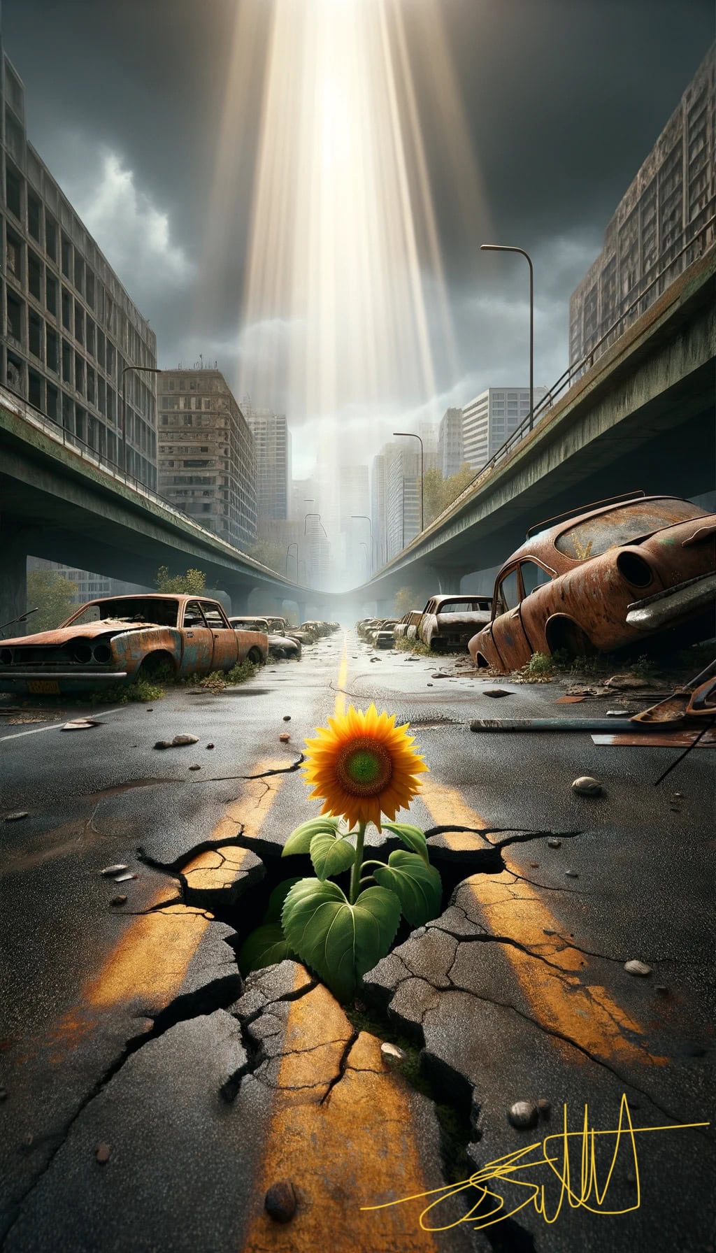 Sunflower in post-apocalyptic cityscape