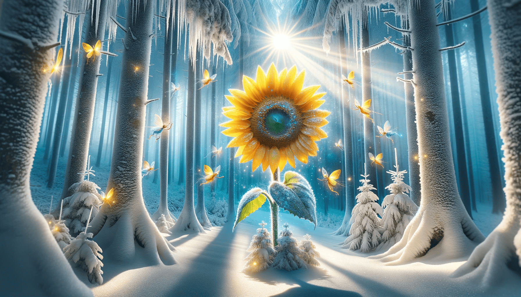 Sunflower in a wintry, wooded glade.