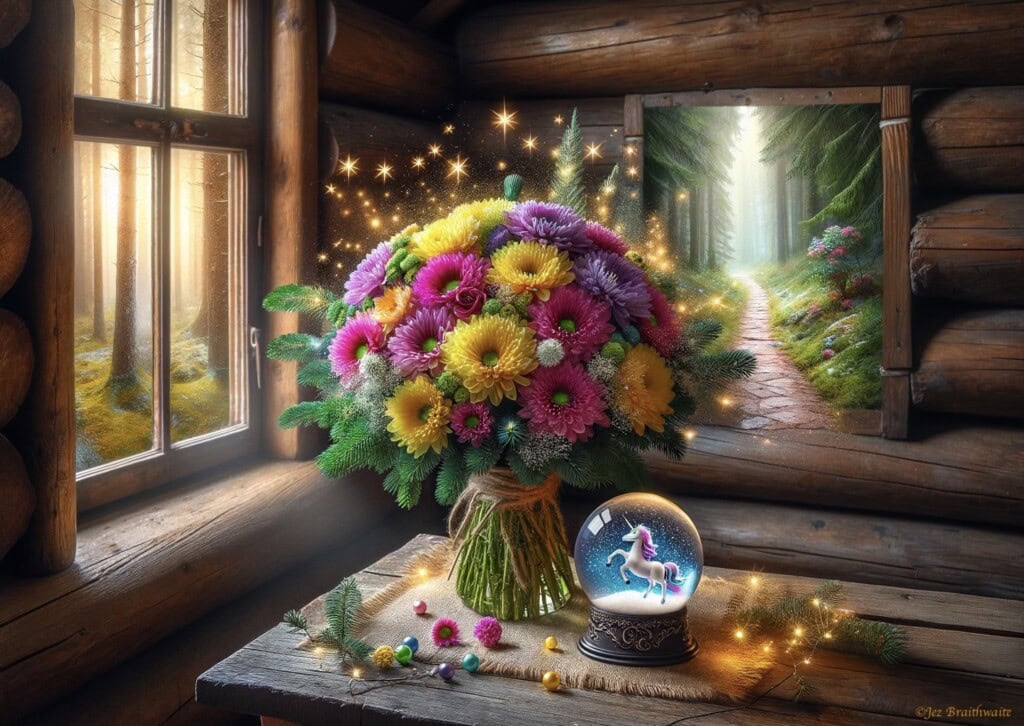Bouquet re-imagined in a log cabin in a forest.