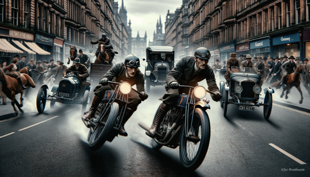 Vintage motorcycle chase along a Glasgow Street